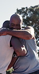 Black people, hug and handshake at park for fitness, support and celebration for exercise goals. Smile, men and shaking hands in nature for greeting, sports victory and thank you for training success