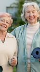 Face, fitness and senior women with smile in garden for outdoor health or wellness together. Portrait, elderly friends or happy female people with yoga mat for spiritual healing, zen or connection