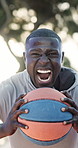 Face, black man and shouting with ball for basketball, practice match and preparation for contest. Portrait, male person or scream on court for fitness, sports training and ready for competition game