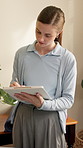 Clipboard, woman and hands of physiotherapist in clinic with medical documents for appointment. Schedule, paperwork and healthcare worker with patient progress report for physical therapy in office.