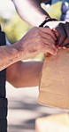 Volunteer, hands and people outdoor for food drive, charity event and outreach for non profit. Giving, team and workers with parcel, groceries and donations for aid, help and ngo service in park