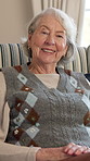 Face, old woman and relax at house with smile, peace and calm morning for retirement break. Portrait, senior person or rest in home with happiness, positive attitude and comfortable for stress relief
