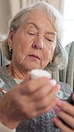 Old woman, reading and phone at house with pills, research and telehealth for medicine dosage. Senior person, typing and mobile in home with drugs, prescription and side effects for chronic condition