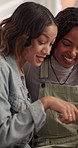 Happy, women and friends at house with phone, celebrity gossip and social media for viral meme. Smile, people and laugh in lounge with mobile, browsing website and reading comments of comedy video