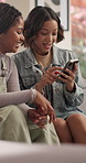 Smile, women and friends at house with phone, celebrity gossip and social media for viral meme. Happy, people and laugh in lounge with mobile, browsing website and reading comments of comedy video