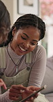 Smile, woman and friends at house with phone, celebrity gossip and social media for viral meme. Happy, people and laughing in lounge with mobile, browsing website and reading comments of comedy video