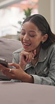 Happy, relax and woman with phone on sofa for social media, online chat and connection on weekend. Home, smile and person on cellphone for reading message, internet and notification for communication