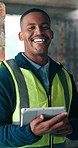 Construction, happy and face of man on tablet for report, planning and building evaluation. Architecture, engineer and portrait of person on tech for inspection, research or compliance for remodeling
