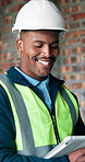 Construction, happy and man on tablet for online report, planning and building evaluation. Architecture, engineering and African person on tech for inspection, research and compliance for renovation