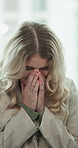 Sad, business and woman in office for therapy, conflict flashback and guidance for mental health. Emotional, female person or crying in workplace for corporate dispute, employee trauma and counseling