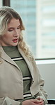 Thinking, business and woman in office for therapy, work conflict and guidance for mental health. Nervous, female person and anxiety in workplace for corporate dispute, employee trauma and counseling