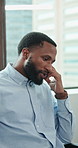 Stress, businessman and talking in office for therapy, work conflict and guidance for mental health. Upset, African person or regret in workplace for corporate dispute, employee trauma and counseling