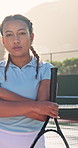 Face, athlete and woman on court for tennis, fitness and match practice for competition. Portrait, female person and player on turf with arms crossed, padel racket and sports training for tournament