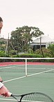 Athlete, woman and racket on court for tennis, fitness and match practice for competition event. Female person, player or serve on turf with ball, padel contest and sports training of tournament game