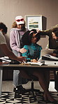Actress, makeup and styling with script in production studio for scene preparation or filmmaking. Woman, stylist and producer getting ready with props or cosmetics for action take or movie scene