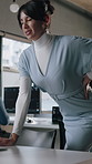 Office, business and woman with back pain at desk for posture issue, injury and osteoporosis. Manager, creative agency and frustrated person with strain, pressure and tension in spine for burnout