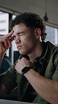 Call center, headache and man in office with mic, frustrated or tired in customer service. Burnout, coworking or person in agency with headset, migraine pressure or workload fatigue in crm management