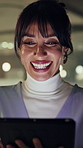Night, woman and laugh in office with tablet, creativity and funny proposal for online ad campaign. Late, bokeh and happy mature person in business with tech, joke and humor for digital marketing.