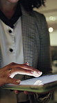 Night, woman and hand in office with tablet, online copywriting and scroll for proofreading campaign. Late, female person and copywriter in business with tech, planning and editing creative project.