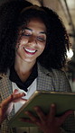 Night, woman and typing in office with tablet, laugh and funny trend for digital marketing campaign. Late, bokeh and happy person in business with tech, email notification and joke for advertising.
