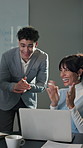 Applause, laptop and business people in office with good news on investment approval with teamwork. High five, computer and financial advisors with manager for positive feedback on finance revenue.