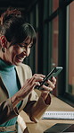 Business, woman and laugh in office with phone, research and email buyer for real estate. Smile, mature person and reading in workplace with mobile, schedule update and viewing inquiry for auction