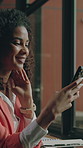 Business, woman and reading in office with phone, research and contact buyer for real estate. Thinking, realtor and smile in workplace with mobile app, schedule update and viewing inquiry for auction