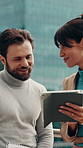 Business, people and discussion in city with tablet, research and partnership for property management. Manager, team and talk on balcony with tech, collaboration and planning for real estate listing.