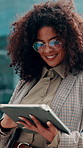 Businesswoman, smile and scroll in city with tablet, glasses or email response for urban development. Happy, person and browsing on balcony with tech, real estate listing and property investment.