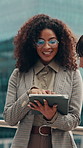 Business, team and discussion in city with tablet, research and collaboration for property management. People, meeting or talk on balcony with tech, planning and urban development for real estate.