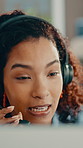Telemarketing, computer and woman in call center, talking and communication for insurance sales. Telesales agent, headset and person with tech for coverage policy, premium benefits or lead generation