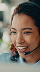 Telemarketing, computer and woman laugh in call center, talking or communication for insurance sales. Telesales agent, headset and person with tech for coverage policy, premium benefits or funny joke