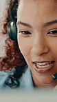 Call center, agent and woman with headset, discussion and communication with contact for CRM updates. Telemarketing, consultant and person with computer, smile or lead generation with mic in business