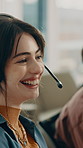 Laugh, agent and woman in call center for help, talk or communication for multilingual support. Customer service, headset and happy person with feedback for language translation, joke and coworking