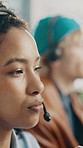 Talking, consultant and woman in call center for advice, help or contact us for multilingual support. Customer service, headset or person with feedback for language translation, crm and coworking