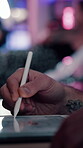Tattoo, drawing or hand in parlor with tablet, online draft or design planning on creative app. Bokeh, man or artist in shop with stylus, digital sketch or body ink development in artistic process.