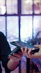 Hands, people and phone payment in shop for tap transaction, pos machine and easy checkout. Small business, owner and customer with mobile app for digital banking, cashless system or finance transfer