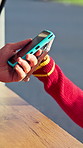 Hands, phone and sale with pos, tap and customer experience with deal at food truck cafe. Person, server and machine with digital payment, fintech or app for easy transaction at mobile coffee shop