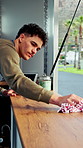 Food truck, cloth and man cleaning for service with small business, hygiene and mobile cafe. Server, owner and person with wipe for maintenance, disinfection and sanitation for outdoor restaurant