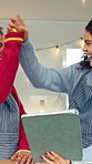 Women, excited and tablet with high five for barista, social media and food truck cafe teamwork. People, tech and waiter for customer service, partnership or mobile coffee shop review for celebration