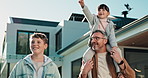 Playful, happy and dad with children in backyard for bonding, relationship and development. Family, house and father with kids for connection, games and soccer ball for fun together on weekend