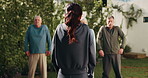 Fitness, trainer and people with outdoor class for senior wellness, health and shoulder shrug. Retirement group, instructor or workout with neck exercise for pilates, practice or training in backyard
