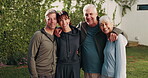 Happy, face and people outdoor for fitness, exercise and training together for wellbeing. Morning, portrait and couple with senior parents for wellness, health and embrace for bonding in backyard