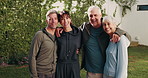 Happy, face and people outdoor for fitness, exercise and training together for wellbeing. Morning, portrait and couple with senior parents for wellness, health and embrace for bonding in backyard
