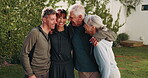 Happy, hug and people outdoor for fitness, exercise and training together for wellbeing. Morning, portrait and couple with senior parents for wellness, health and embrace for bonding in backyard