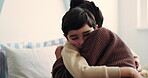 Child, mother and hug in home for care, love and bonding with son for family connection. Parent, boy and embrace for support in bedroom at apartment with safety, security and comfort together