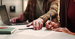 Hands, woman and writing at house with document, application and policy for financial loan. People, laptop and registration in home with paperwork, finance contract and compliance form for investment