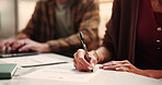 Hands, woman and writing in home with document, application and policy for financial loan. People, laptop and registration at house with paperwork, finance contract and compliance form for investment
