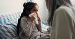 Woman, bedroom and sick child with tissue for sneeze, flu or sinus symptom and help in family home. Girl kid, ill grandchild and grandmother with support for allergies, recovery or healing