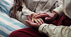 Grandma, bedroom and holding hands with sick child for comfort with infection, flu or help in family home. Girl, ill and woman to support for wellness, recovery or healing with empathy or compassion